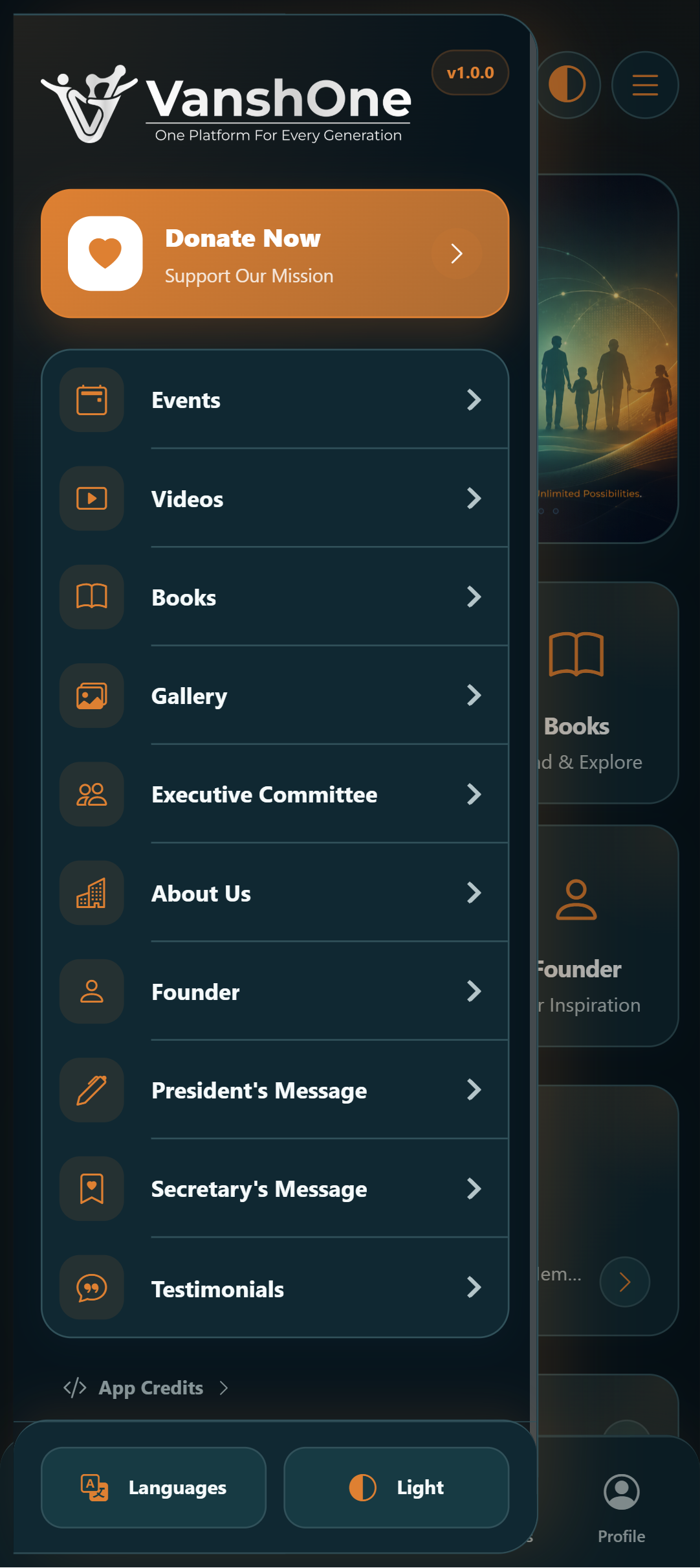 VanshOne navigation menu in dark mode